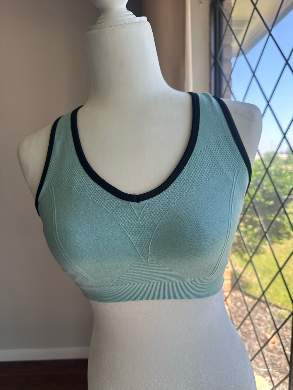 Seamless Mint Green Sports Bra with Black Trim